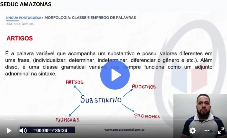 Tela de uma videoaula de Língua Portuguesa do curso SEDUC Amazonas, com um slide sobre artigos e o professor no canto da tela.